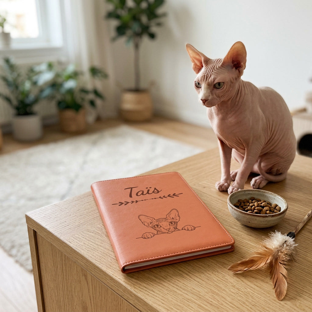 Protège carnet de santé chat personnalisé – Sphynx — fermé, gravé « Taïs », sur un meuble de salon, un sphynx assis à côté (visuel de mise en scène, coloris Terracotta)