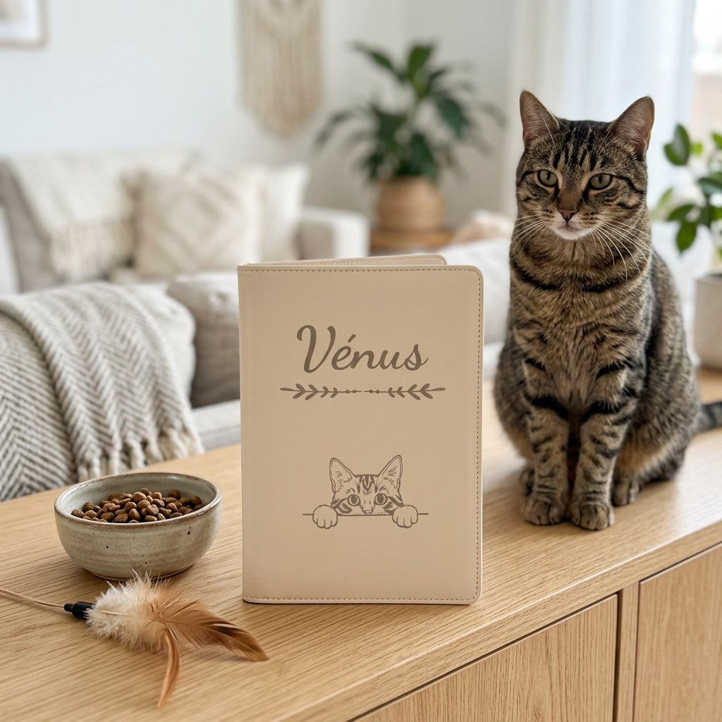Protège carnet de santé chat personnalisé – Tigré — fermé, gravé « Vénus », sur un meuble de salon, un chat tigré assis à côté (visuel de mise en scène, coloris Crème vanille)
