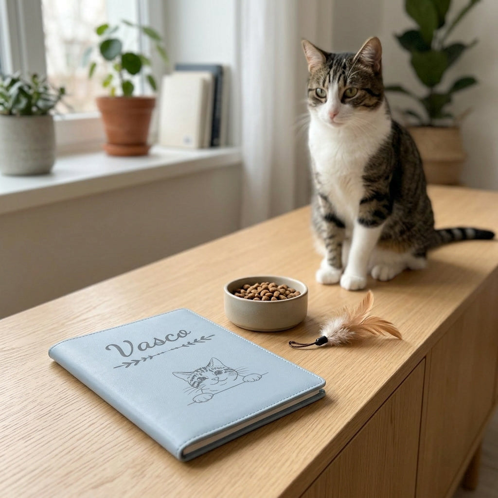 Protège carnet de santé chat personnalisé – Tigré et blanc — fermé, gravé « Vasco », sur un meuble de salon, un chat tigré et blanc assis à côté (visuel de mise en scène, coloris Bleu nuage)