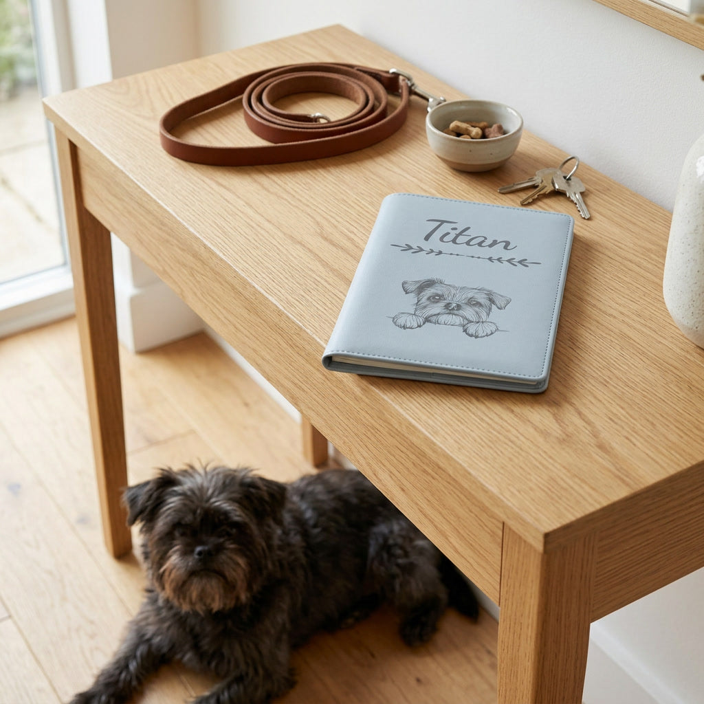 Protège carnet de santé chien personnalisé – Affenpinscher — fermé, gravé « Titan » avec le affenpinscher, sur une console d'entrée à côté d'une laisse, un affenpinscher couché à côté (visuel de mise en scène, coloris Bleu nuage)