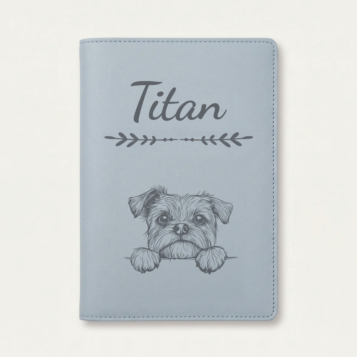 Protège carnet de santé chien personnalisé – Affenpinscher — Bleu nuage — Flèche — gravure « Titan »