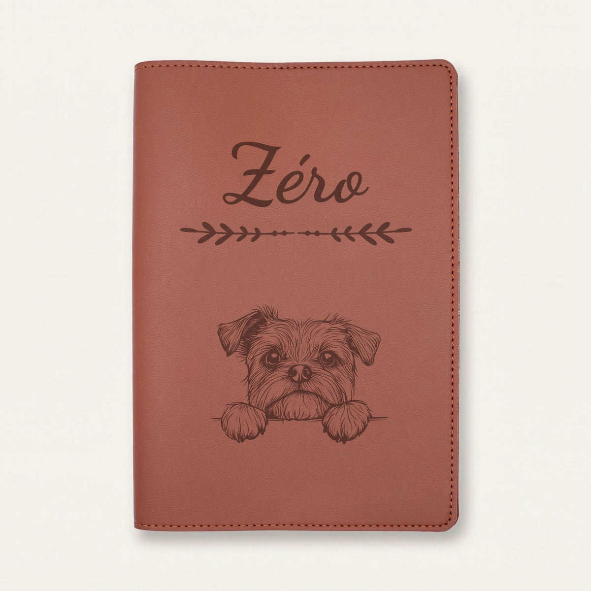 Protège carnet de santé chien personnalisé – Affenpinscher — Chocolat — Flèche — gravure « Zéro »
