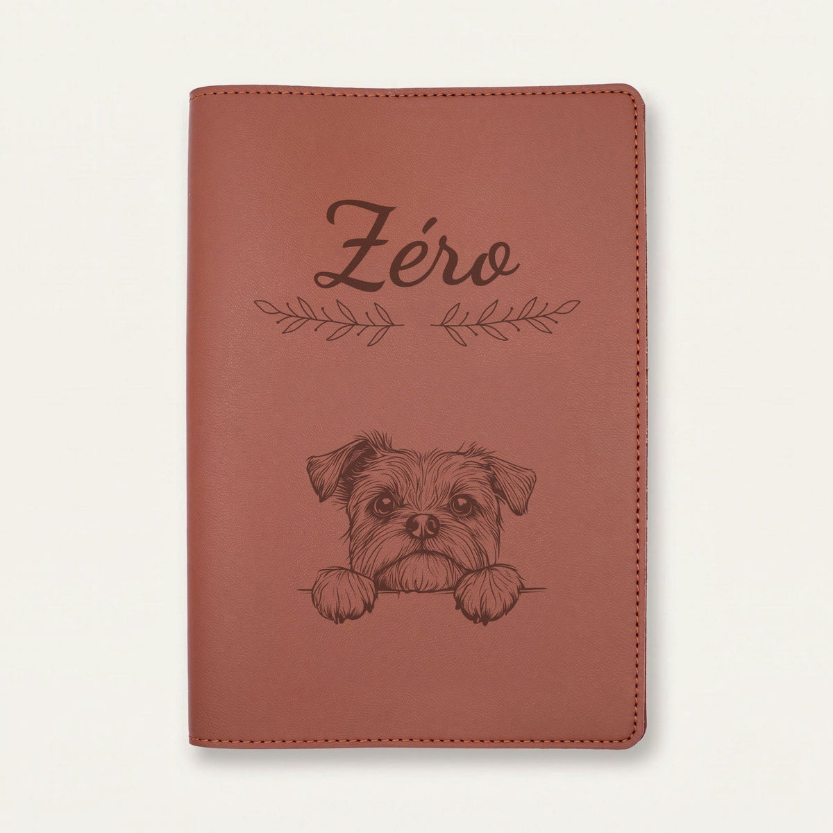 Protège carnet de santé chien personnalisé – Affenpinscher — Chocolat — Rameaux — gravure « Zéro »