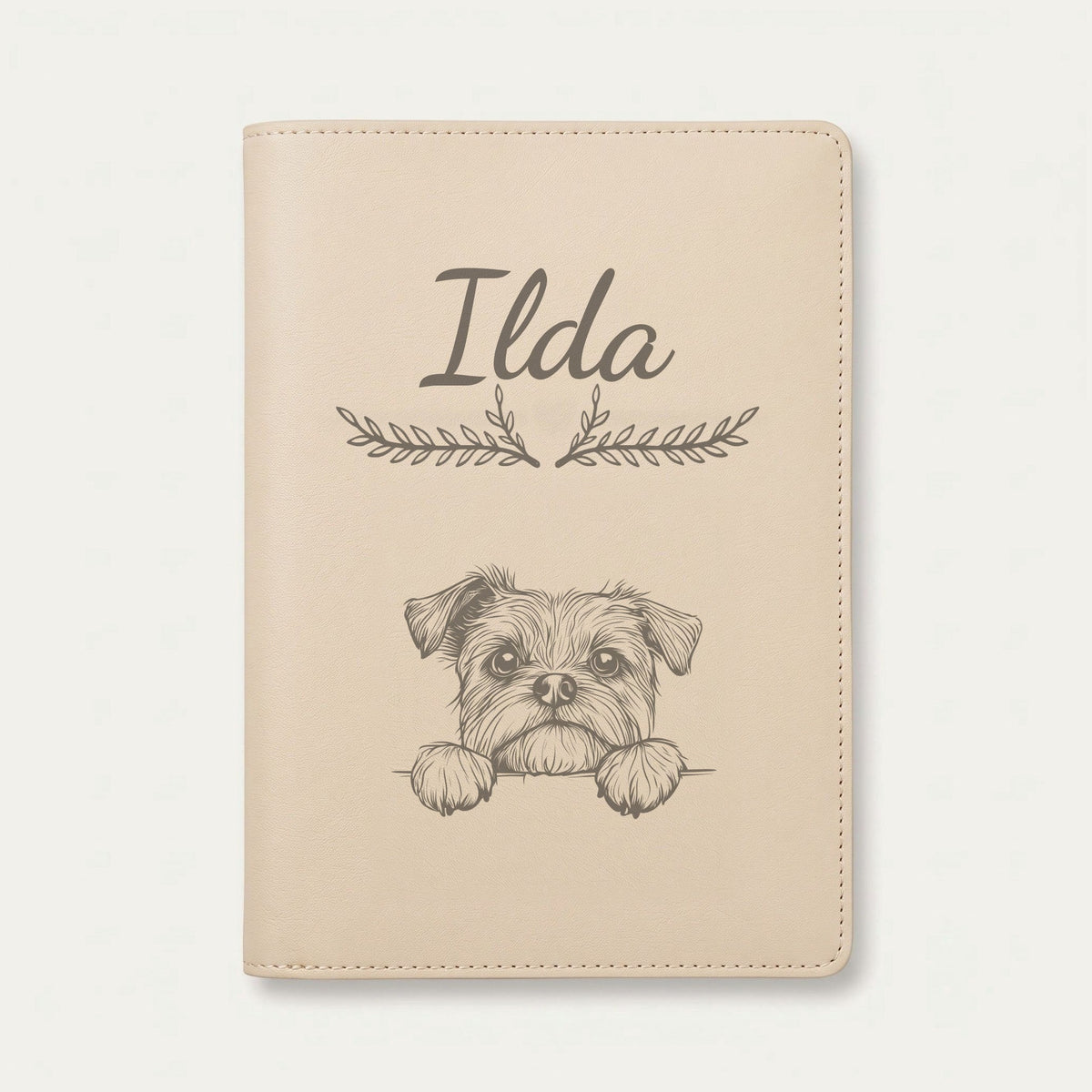 Protège carnet de santé chien personnalisé – Affenpinscher — Crème vanille — Bouquet — gravure « Ilda »