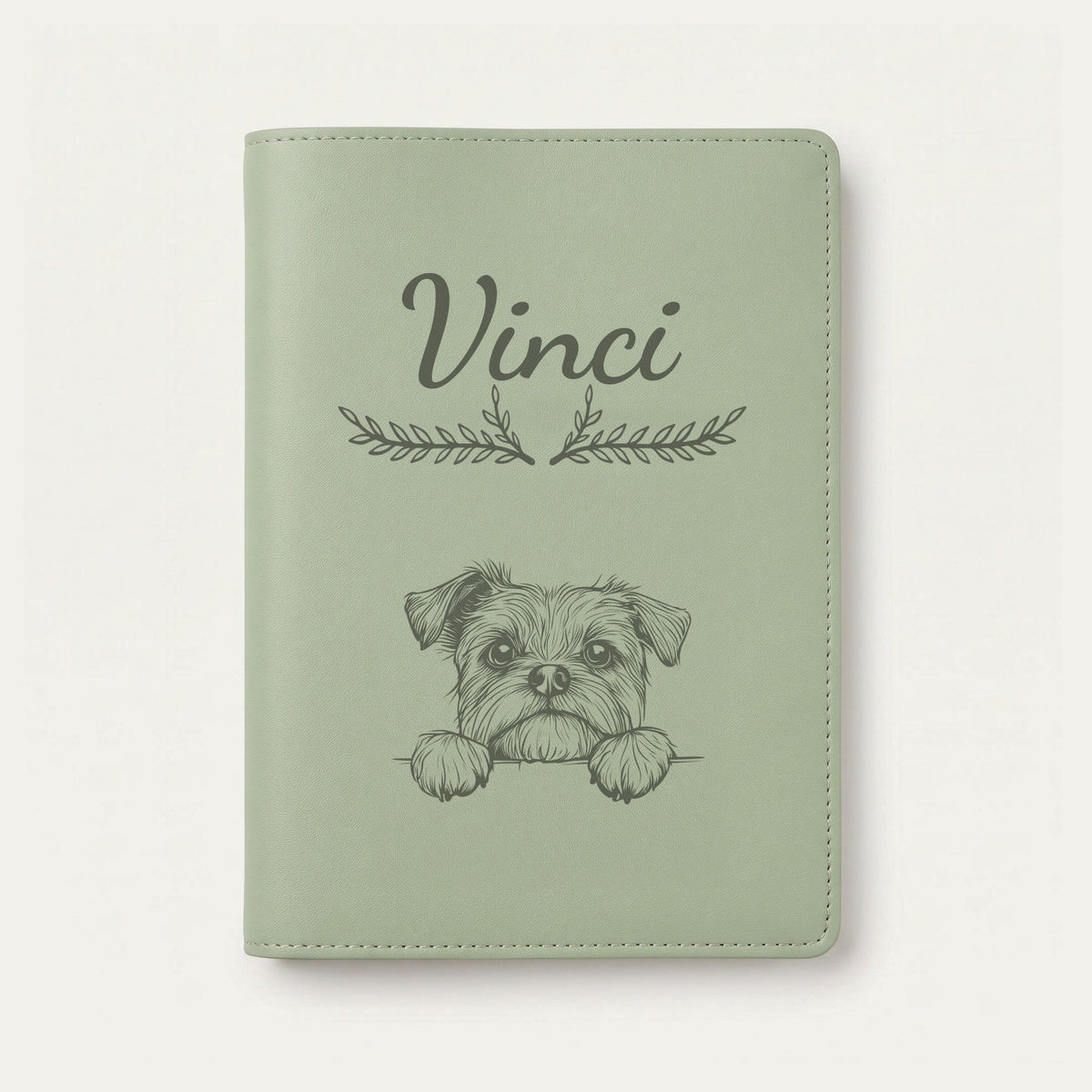 Protège carnet de santé chien personnalisé – Affenpinscher — Vert sauge — Bouquet — gravure « Vinci »