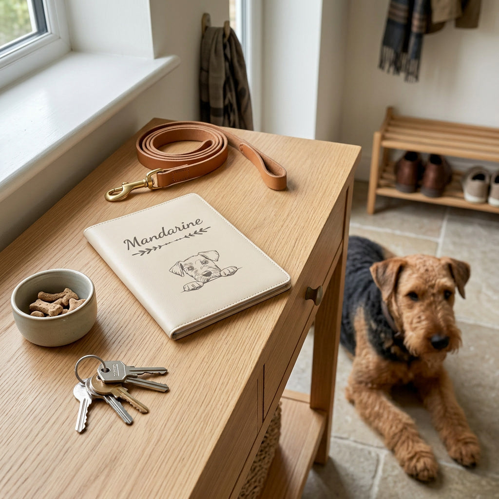 Protège carnet de santé chien personnalisé – Airedale terrier — fermé, gravé « Mandarine » avec le airedale terrier, sur une console d'entrée à côté d'une laisse, un airedale terrier couché à côté (visuel de mise en scène, coloris Crème vanille)