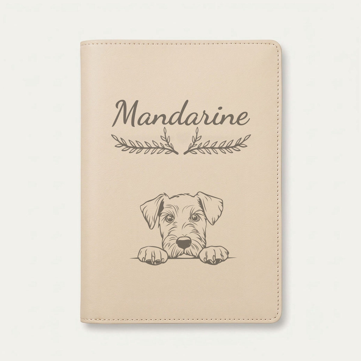 Protège carnet de santé chien personnalisé – Airedale terrier — Crème vanille — Bouquet — gravure « Mandarine »