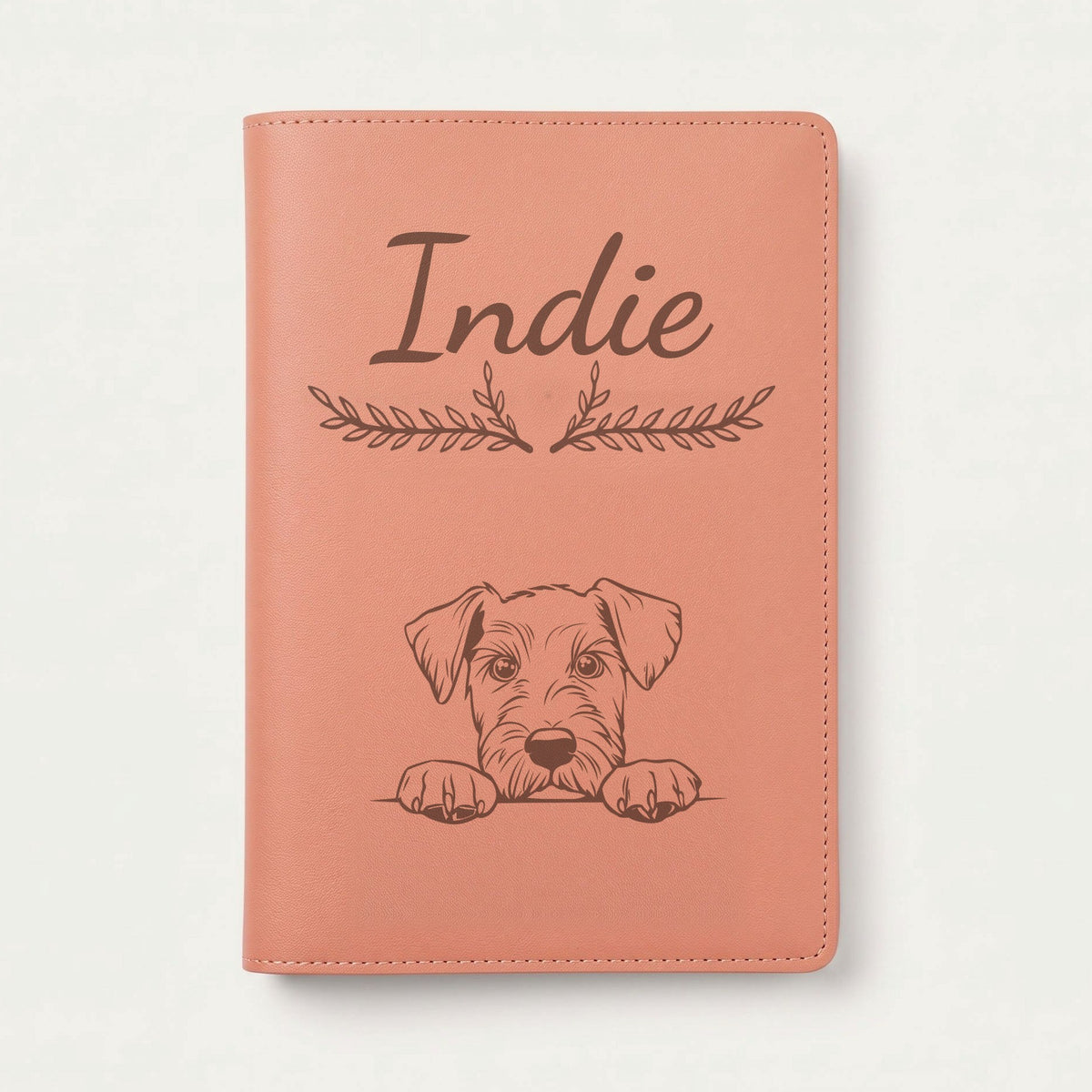 Protège carnet de santé chien personnalisé – Airedale terrier — Terracotta — Bouquet — gravure « Indie »