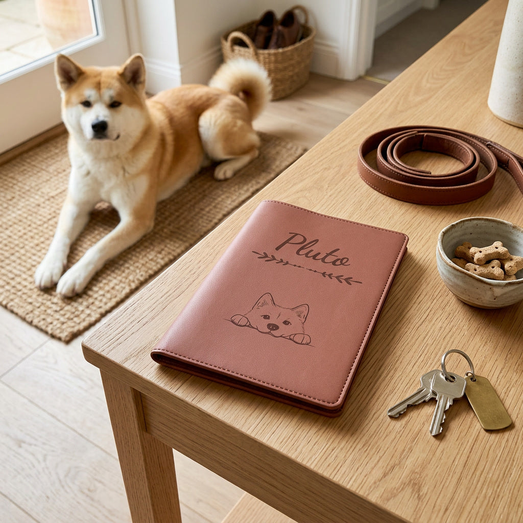 Protège carnet de santé chien personnalisé – Akita inu — fermé, gravé « Pluto » avec le akita inu, sur une console d'entrée à côté d'une laisse, un akita inu couché à côté (visuel de mise en scène, coloris Chocolat)