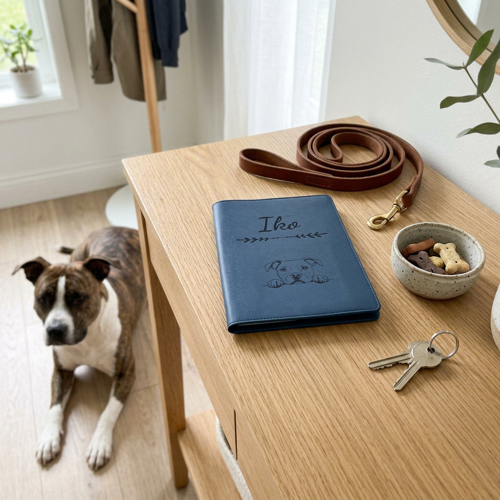 Protège carnet de santé chien personnalisé – American staff — fermé, gravé « Iko » avec le american staff, sur une console d'entrée à côté d'une laisse, un american staff couché à côté (visuel de mise en scène, coloris Bleu nuit)
