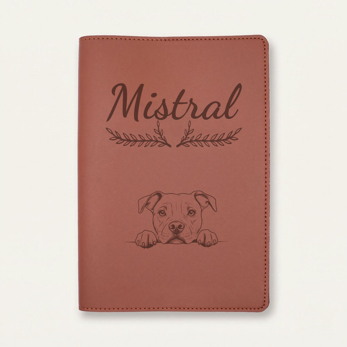 Protège carnet de santé chien personnalisé – American staff — Chocolat — Bouquet — gravure « Mistral »