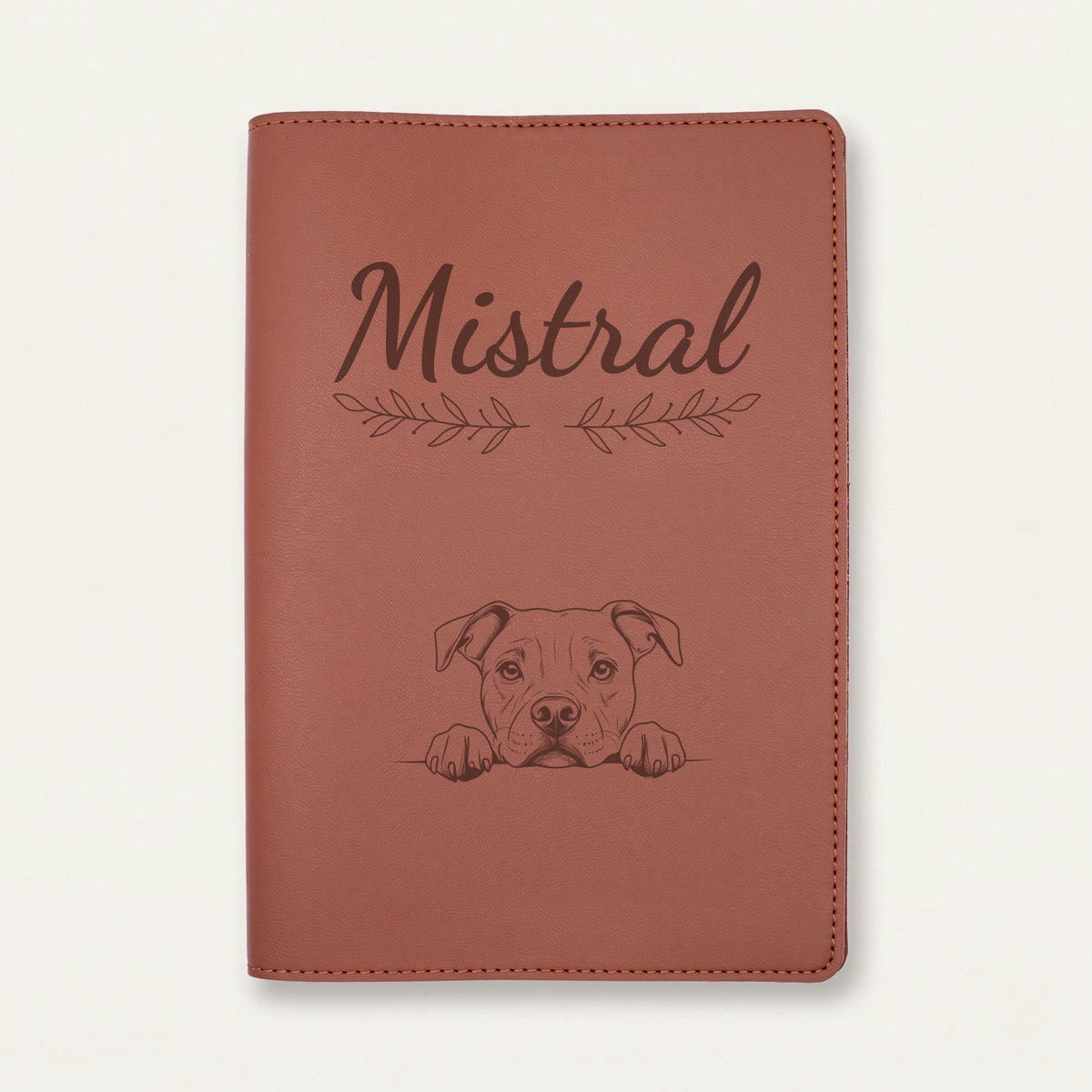Protège carnet de santé chien personnalisé – American staff — Chocolat — Rameaux — gravure « Mistral »