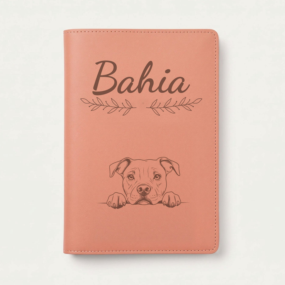 Protège carnet de santé chien personnalisé – American staff — Terracotta — Rameaux — gravure « Bahia »