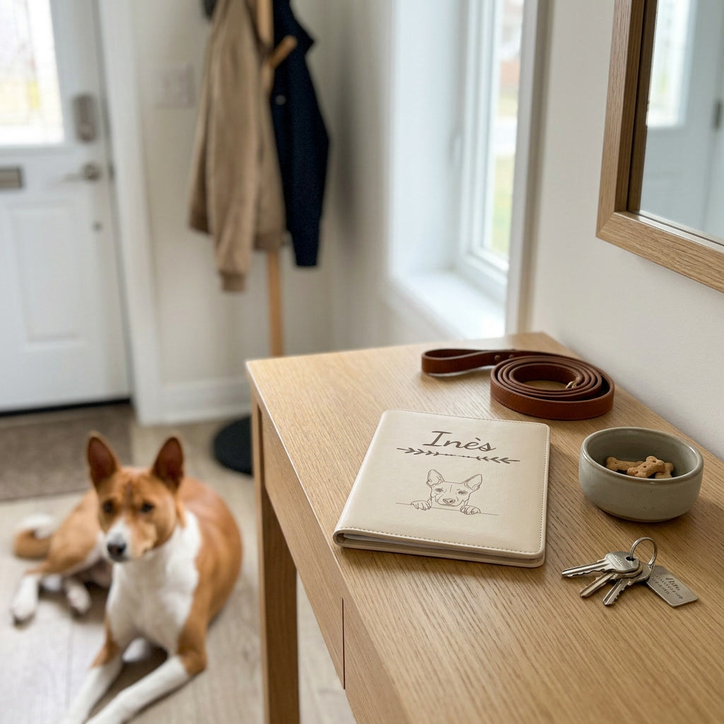 Protège carnet de santé chien personnalisé – Basenji — fermé, gravé « Inès » avec le basenji, sur une console d'entrée à côté d'une laisse, un basenji couché à côté (visuel de mise en scène, coloris Crème vanille)