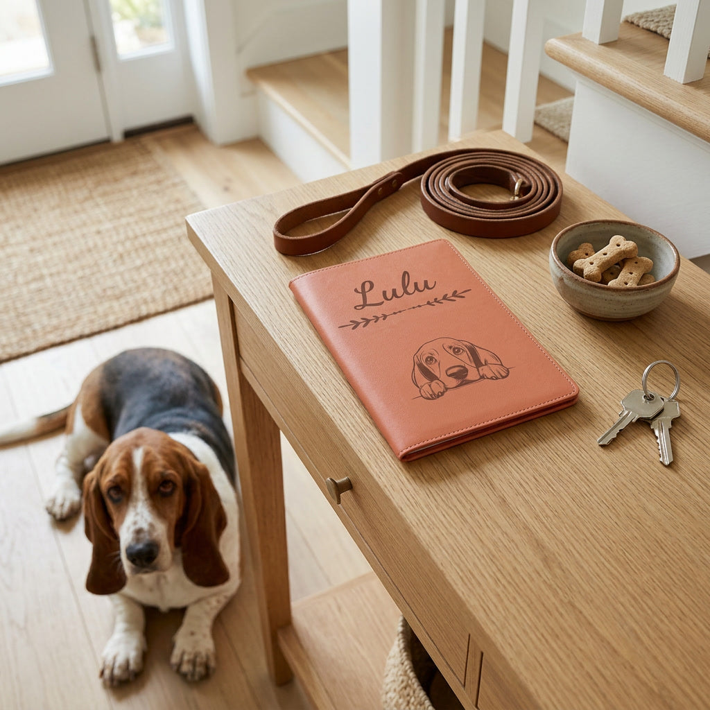 Protège carnet de santé chien personnalisé – Basset hound — fermé, gravé « Lulu » avec le basset hound, sur une console d'entrée à côté d'une laisse, un basset hound couché à côté (visuel de mise en scène, coloris Terracotta)