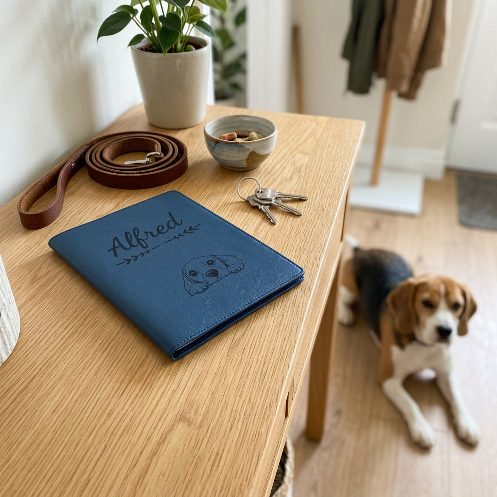 Protège carnet de santé chien personnalisé – Beagle — fermé, gravé « Alfred » avec le beagle, sur une console d'entrée à côté d'une laisse, un beagle couché à côté (visuel de mise en scène, coloris Bleu nuit)