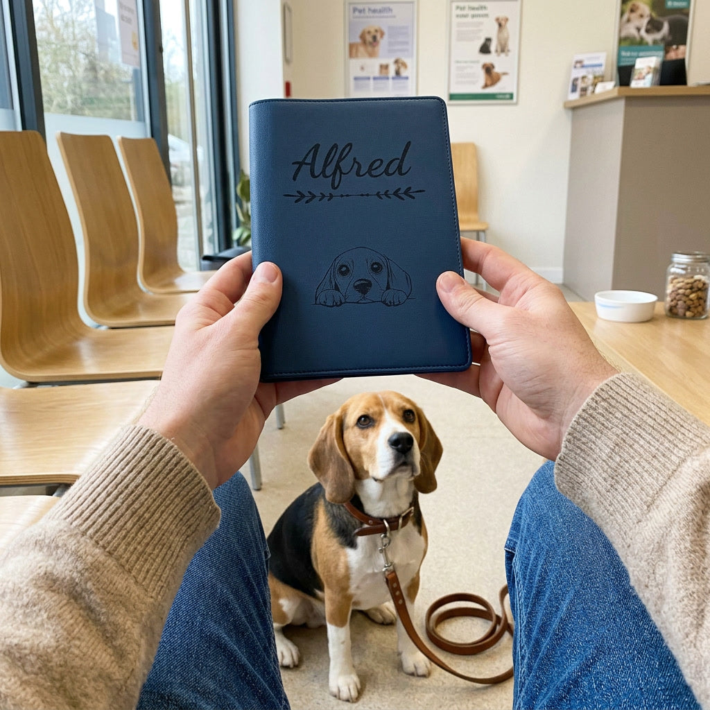Protège carnet de santé chien personnalisé – Beagle — fermé, gravé « Alfred », tenu en salle d'attente chez le vétérinaire, un beagle assis à côté (visuel de mise en scène, coloris Bleu nuit)