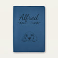 Protège carnet de santé chien personnalisé – Beagle — Bleu nuit — Flèche — gravure « Alfred »