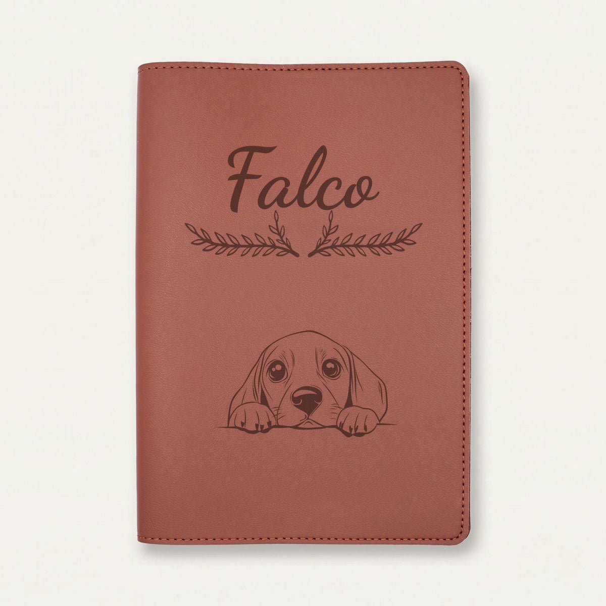 Protège carnet de santé chien personnalisé – Beagle — Chocolat — Bouquet — gravure « Falco »