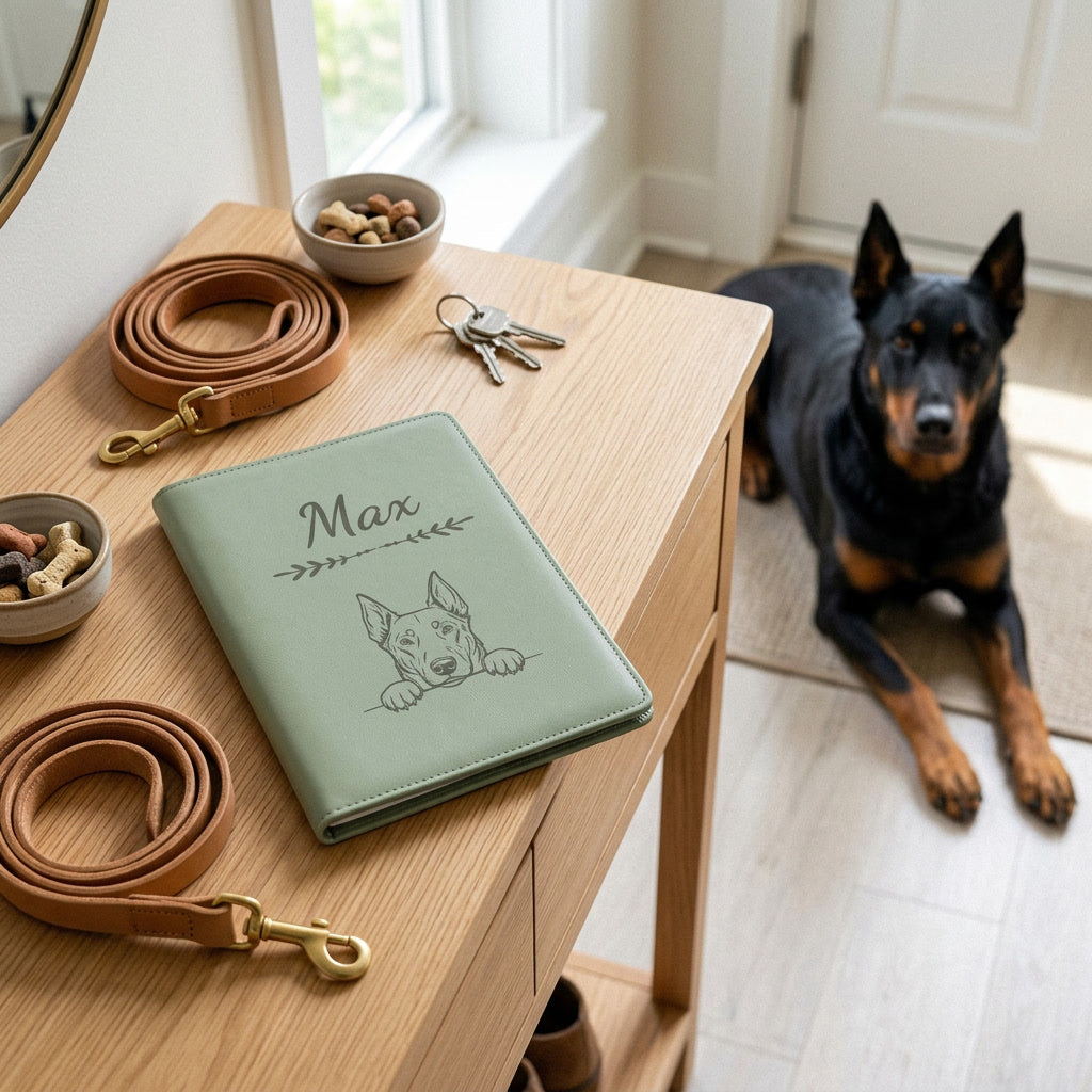 Protège carnet de santé chien personnalisé – Beauceron — fermé, gravé « Max » avec le beauceron, sur une console d'entrée à côté d'une laisse, un beauceron couché à côté (visuel de mise en scène, coloris Vert sauge)