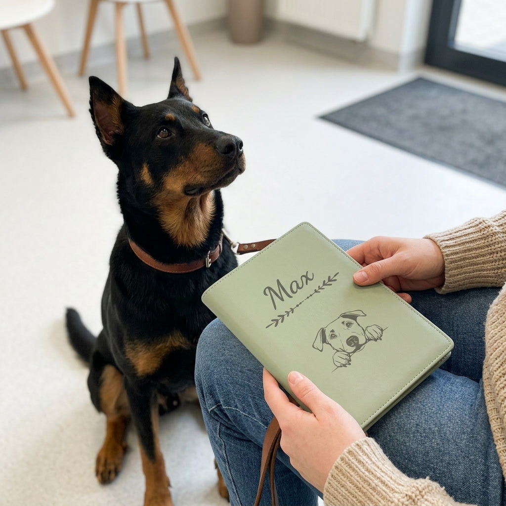 Protège carnet de santé chien personnalisé – Beauceron — fermé, gravé « Max », tenu en salle d'attente chez le vétérinaire, un beauceron assis à côté (visuel de mise en scène, coloris Vert sauge)