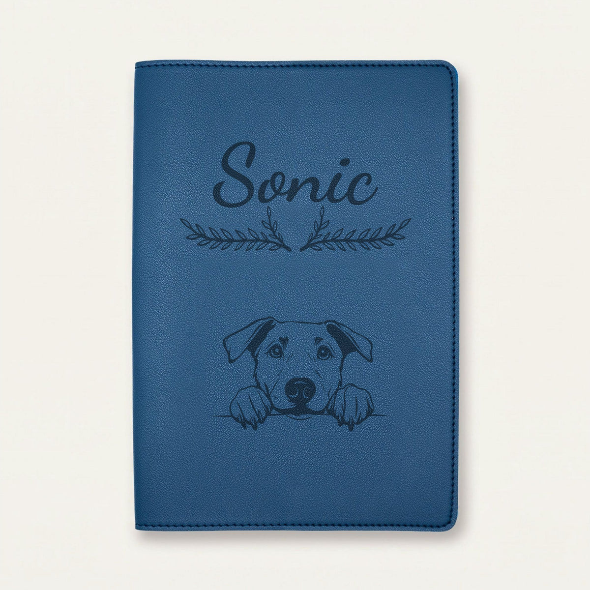 Protège carnet de santé chien personnalisé – Beauceron — Bleu nuit — Bouquet — gravure « Sonic »