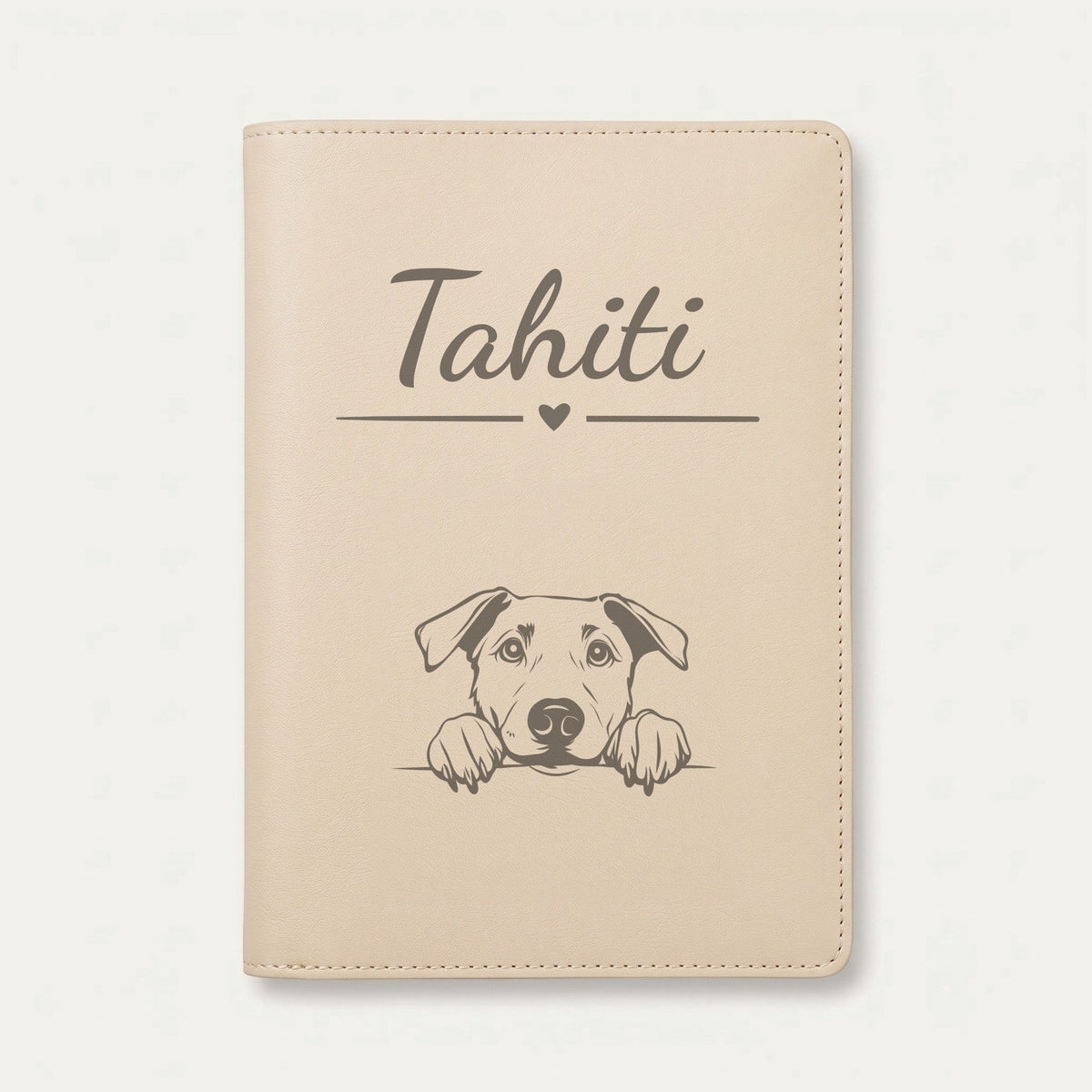 Protège carnet de santé chien personnalisé – Beauceron — Crème vanille — Cœur — gravure « Tahiti »