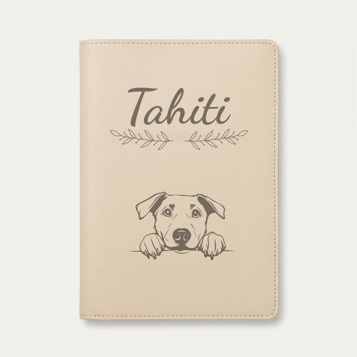 Protège carnet de santé chien personnalisé – Beauceron — Crème vanille — Rameaux — gravure « Tahiti »