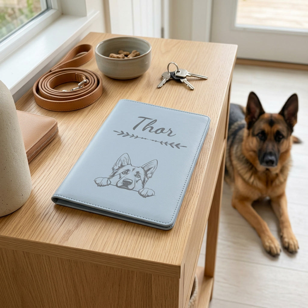 Protège carnet de santé chien personnalisé – Berger allemand — fermé, gravé « Thor » avec le berger allemand, sur une console d'entrée à côté d'une laisse, un berger allemand couché à côté (visuel de mise en scène, coloris Bleu nuage)