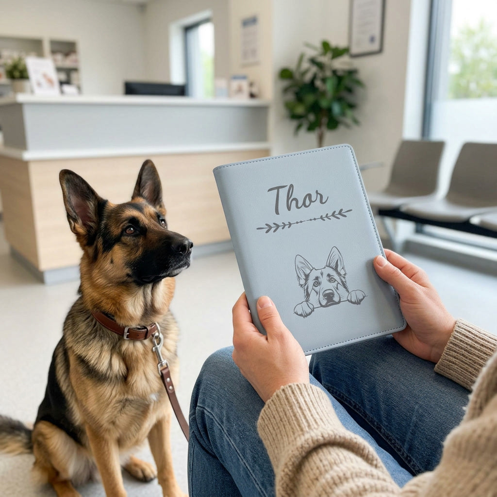 Protège carnet de santé chien personnalisé – Berger allemand — fermé, gravé « Thor », tenu en salle d'attente chez le vétérinaire, un berger allemand assis à côté (visuel de mise en scène, coloris Bleu nuage)