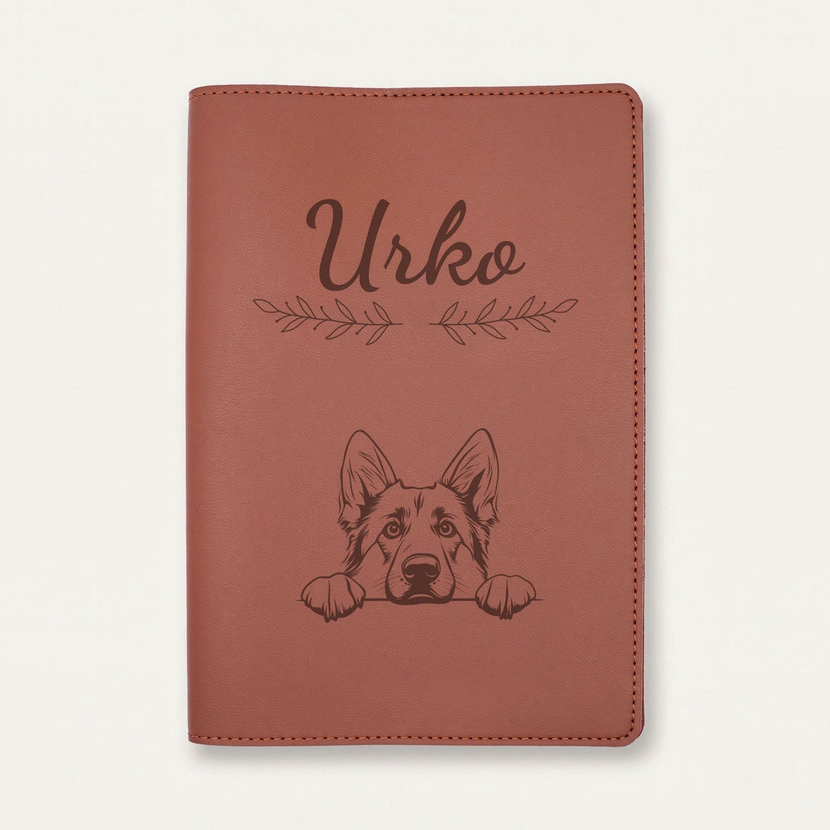 Protège carnet de santé chien personnalisé – Berger allemand — Chocolat — Rameaux — gravure « Urko »