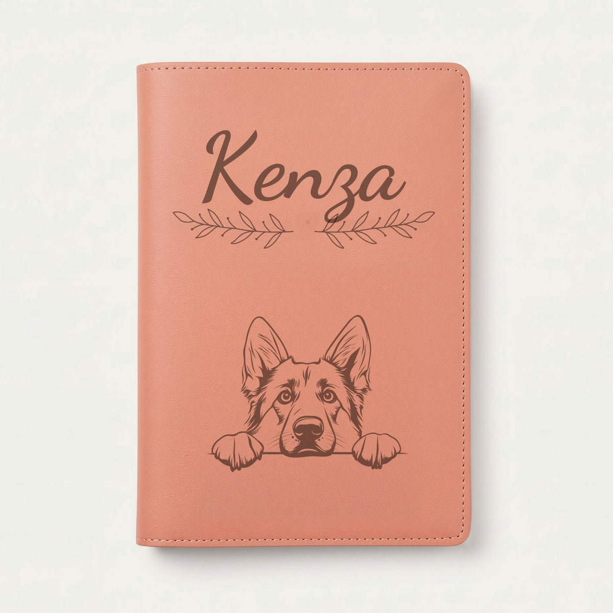Protège carnet de santé chien personnalisé – Berger allemand — Terracotta — Rameaux — gravure « Kenza »