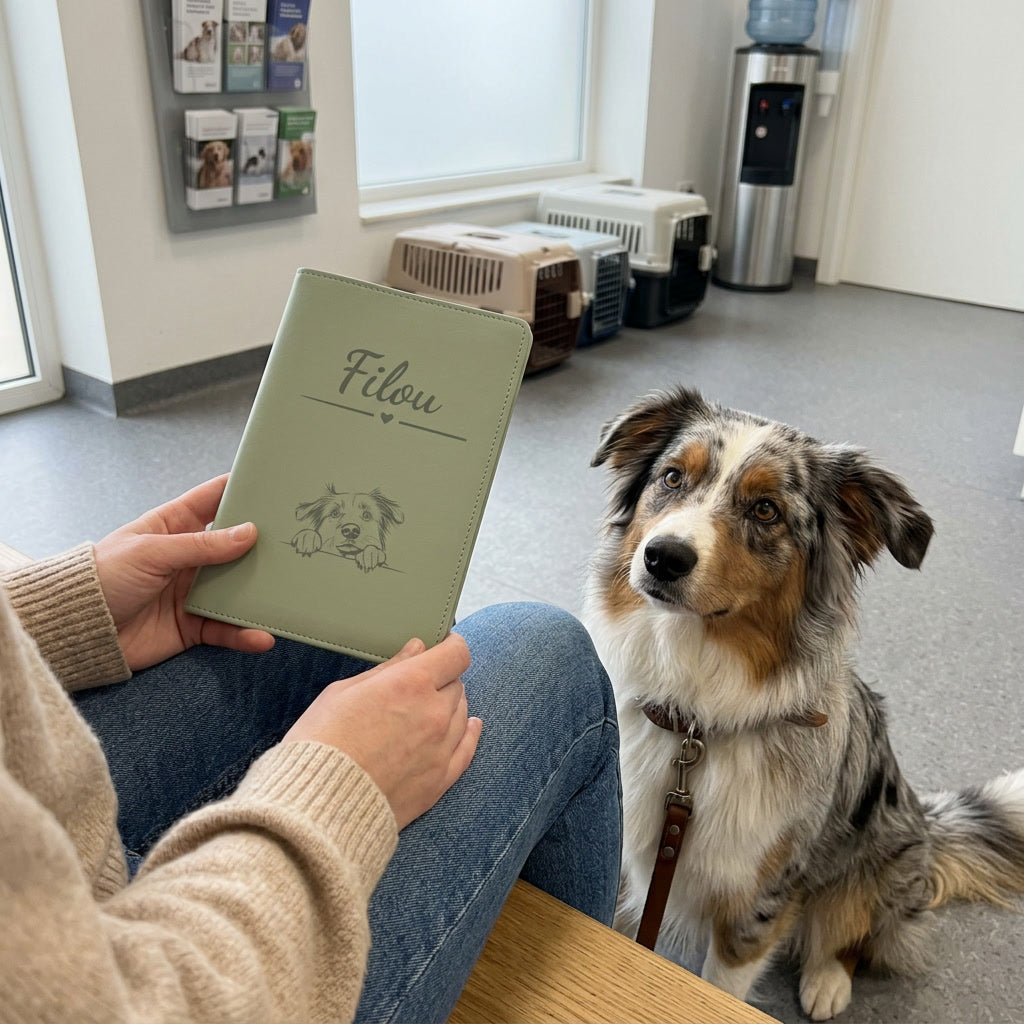 Protège carnet de santé chien personnalisé – Berger australien — fermé, gravé « Filou », tenu en salle d'attente chez le vétérinaire, un berger australien assis à côté (visuel de mise en scène, coloris Vert sauge)