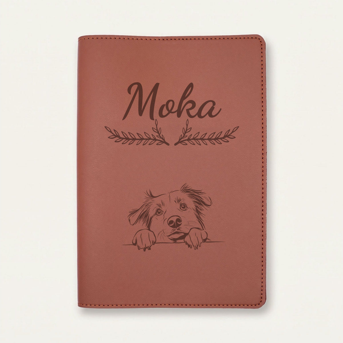 Protège carnet de santé chien personnalisé – Berger australien — Chocolat — Bouquet — gravure « Moka »