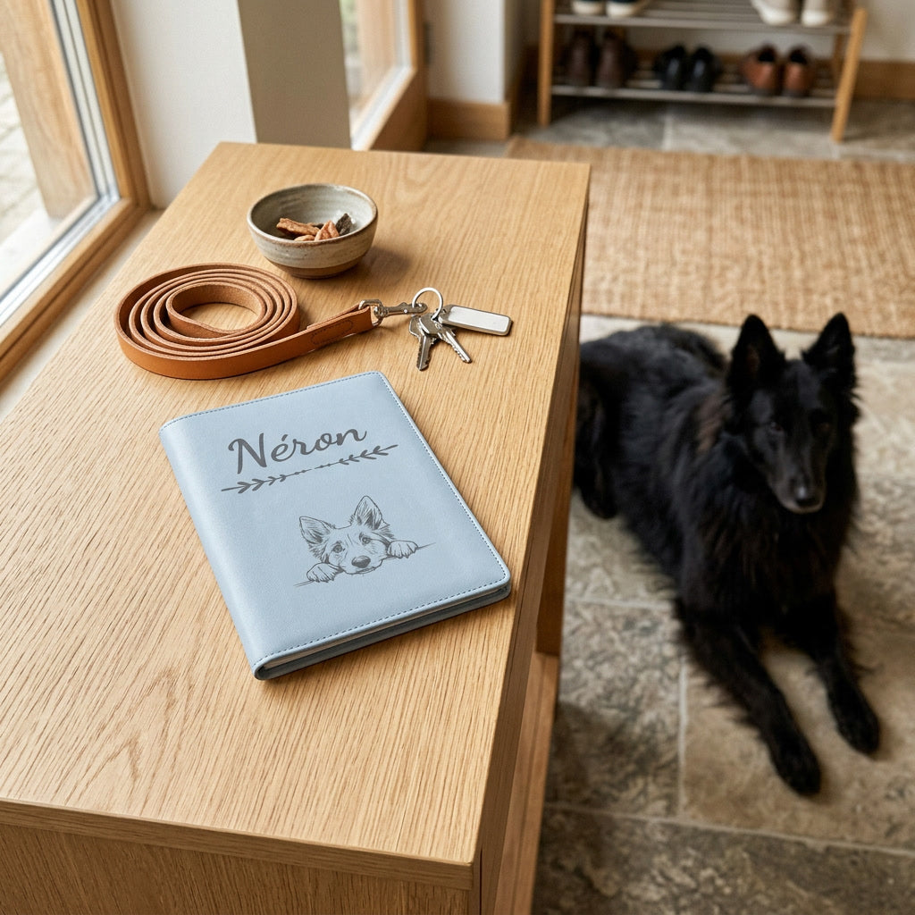 Protège carnet de santé chien personnalisé – Berger belge groenendael — fermé, gravé « Néron » avec le berger belge groenendael, sur une console d'entrée à côté d'une laisse, un berger belge groenendael couché à côté (visuel de mise en scène, coloris Bleu nuage)