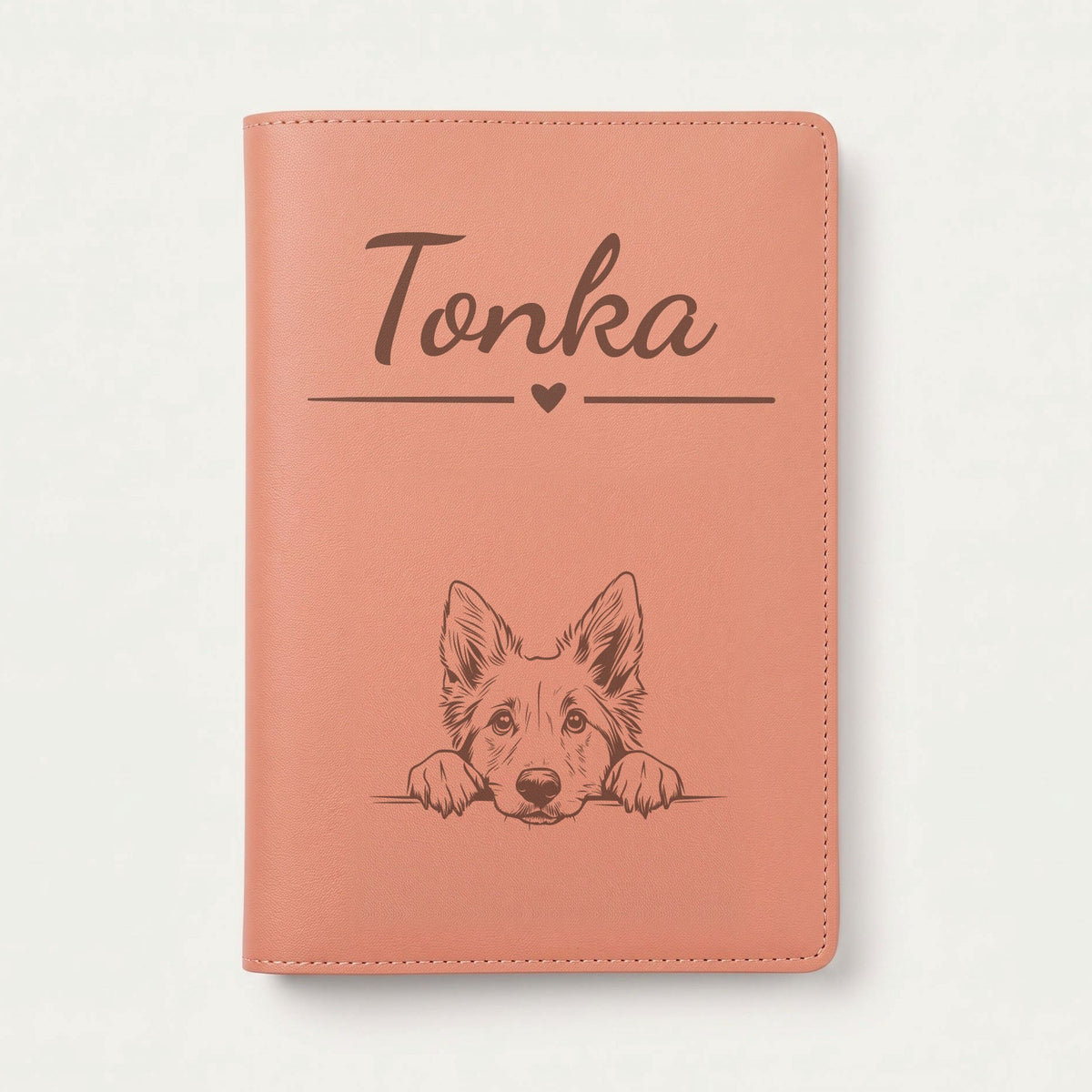 Protège carnet de santé chien personnalisé – Berger belge groenendael — Terracotta — Cœur — gravure « Tonka »