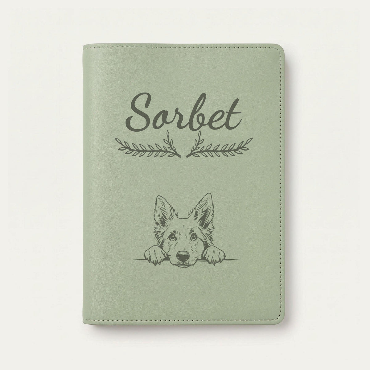 Protège carnet de santé chien personnalisé – Berger belge groenendael — Vert sauge — Bouquet — gravure « Sorbet »