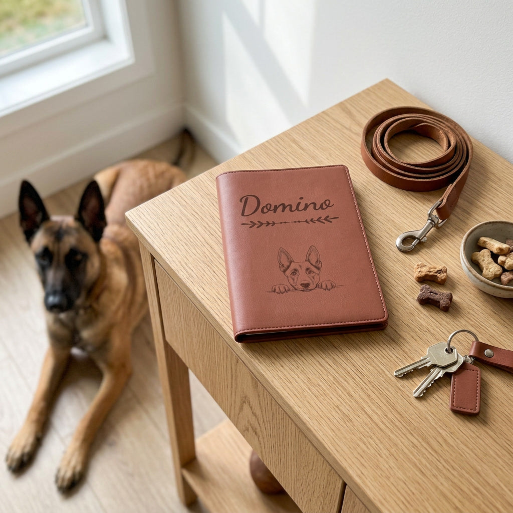 Protège carnet de santé chien personnalisé – Berger belge malinois — fermé, gravé « Domino » avec le berger belge malinois, sur une console d'entrée à côté d'une laisse, un berger belge malinois couché à côté (visuel de mise en scène, coloris Chocolat)