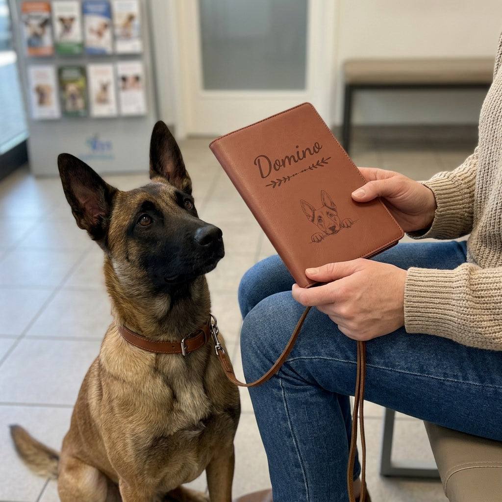 Protège carnet de santé chien personnalisé – Berger belge malinois — fermé, gravé « Domino », tenu en salle d'attente chez le vétérinaire, un berger belge malinois assis à côté (visuel de mise en scène, coloris Chocolat)