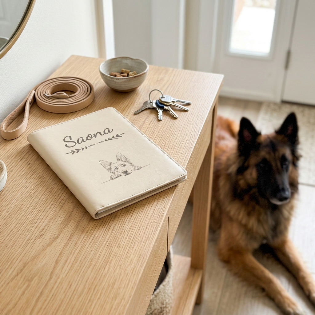 Protège carnet de santé chien personnalisé – Berger belge tervueren — fermé, gravé « Saona » avec le berger belge tervueren, sur une console d'entrée à côté d'une laisse, un berger belge tervueren couché à côté (visuel de mise en scène, coloris Crème vanille)
