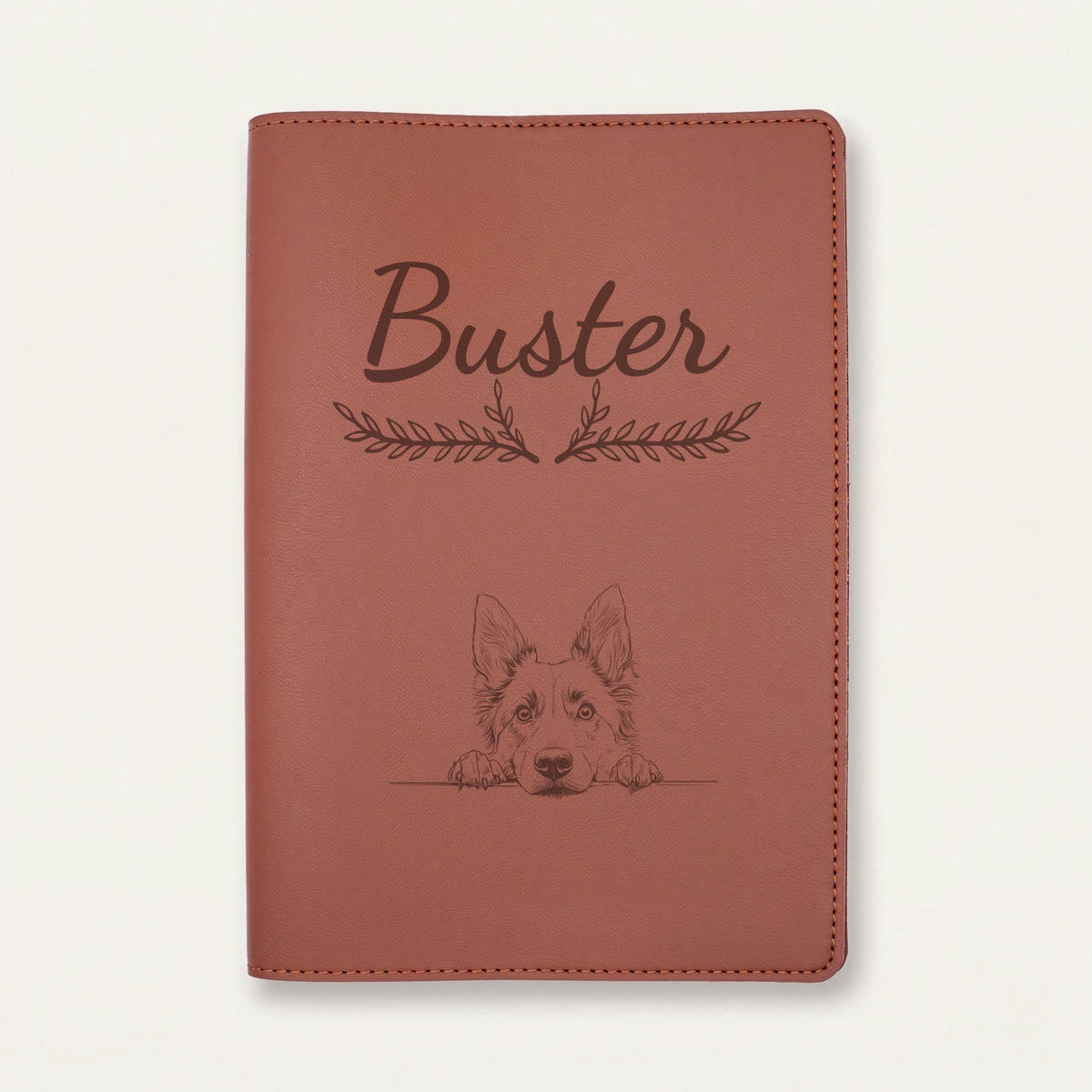 Protège carnet de santé chien personnalisé – Berger belge tervueren — Chocolat — Bouquet — gravure « Buster »