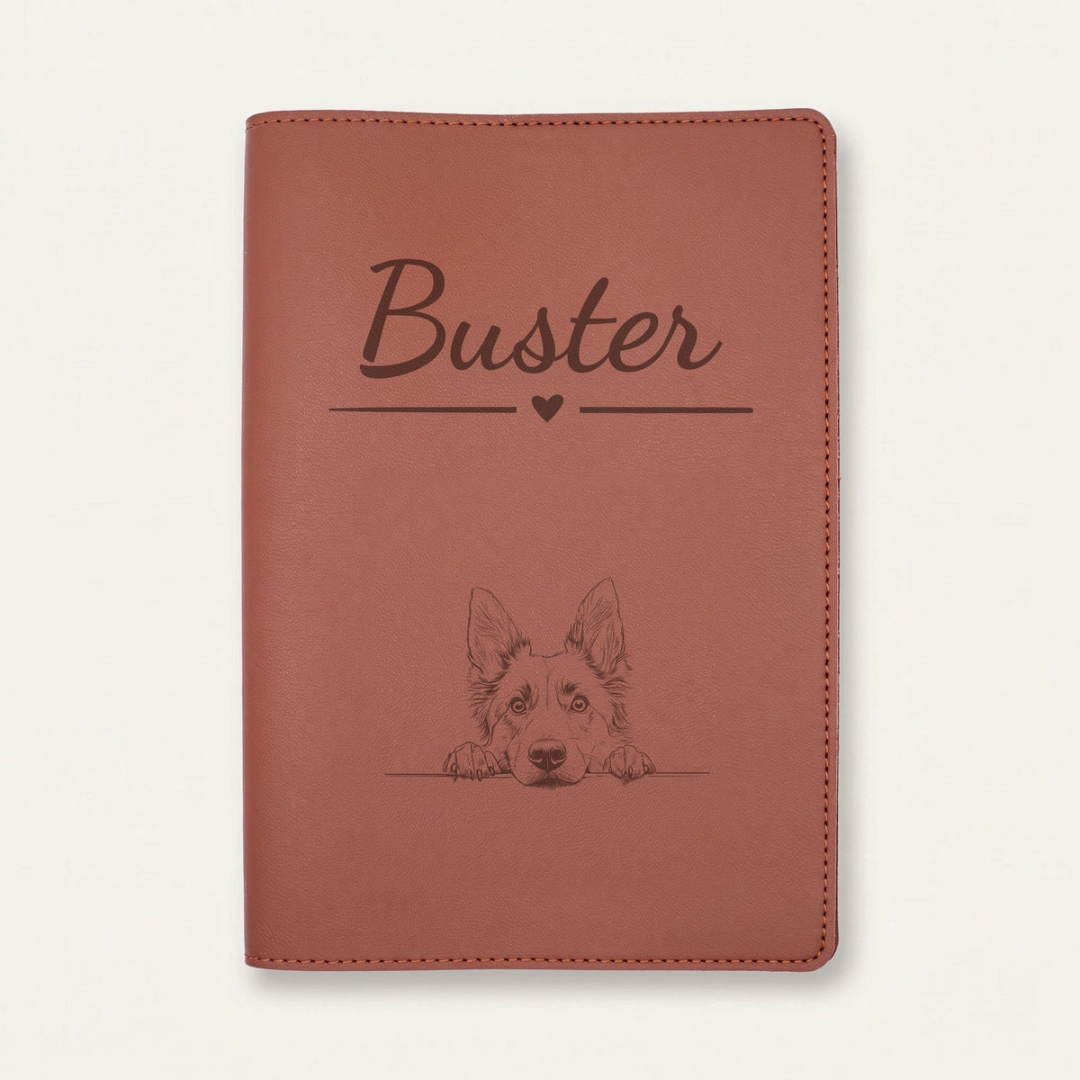 Protège carnet de santé chien personnalisé – Berger belge tervueren — Chocolat — Cœur — gravure « Buster »