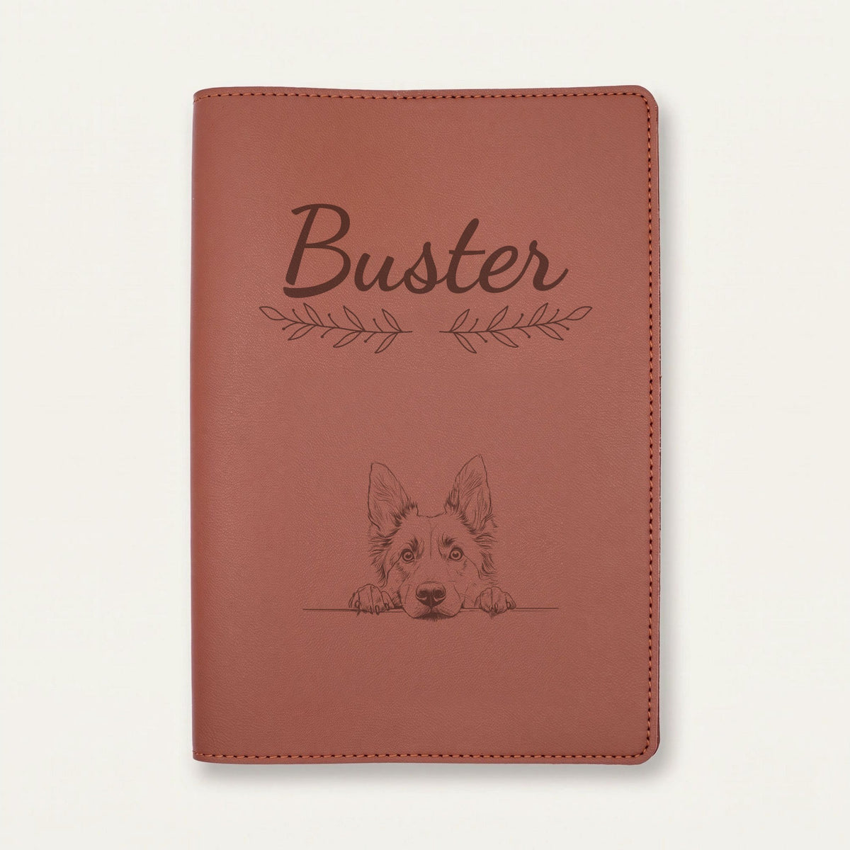 Protège carnet de santé chien personnalisé – Berger belge tervueren — Chocolat — Rameaux — gravure « Buster »