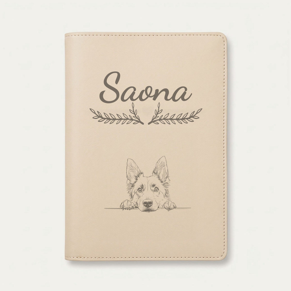 Protège carnet de santé chien personnalisé – Berger belge tervueren — Crème vanille — Bouquet — gravure « Saona »