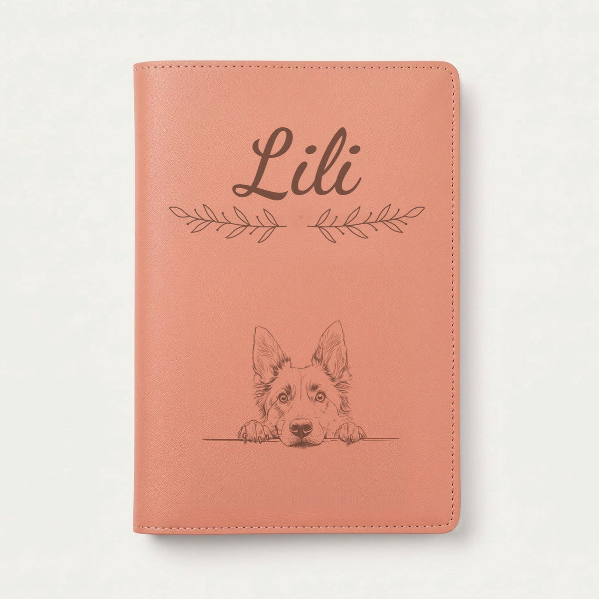 Protège carnet de santé chien personnalisé – Berger belge tervueren — Terracotta — Rameaux — gravure « Lili »