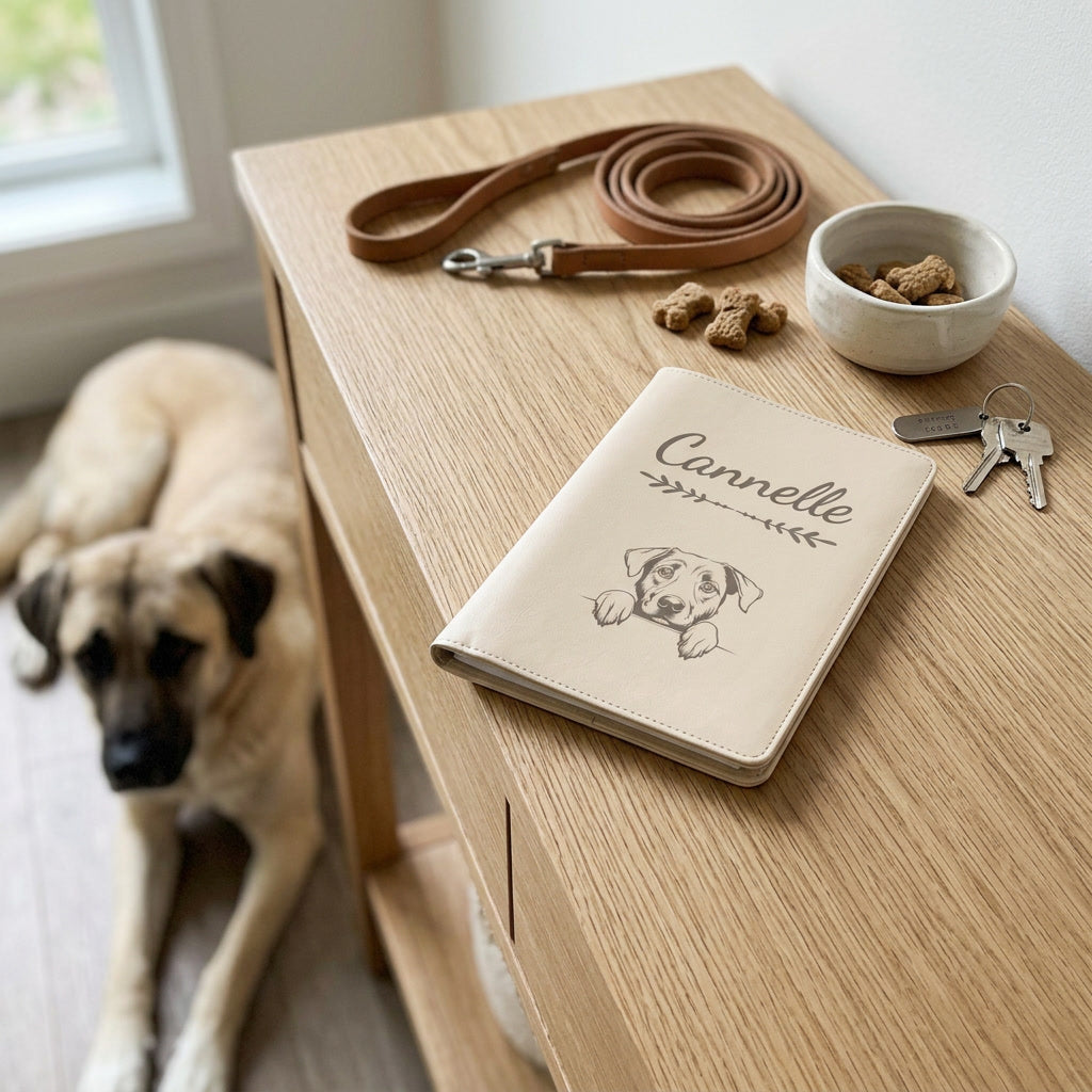 Protège carnet de santé chien personnalisé – Berger d'Anatolie — fermé, gravé « Cannelle » avec le berger d'Anatolie, sur une console d'entrée à côté d'une laisse, un berger d'Anatolie couché à côté (visuel de mise en scène, coloris Crème vanille)