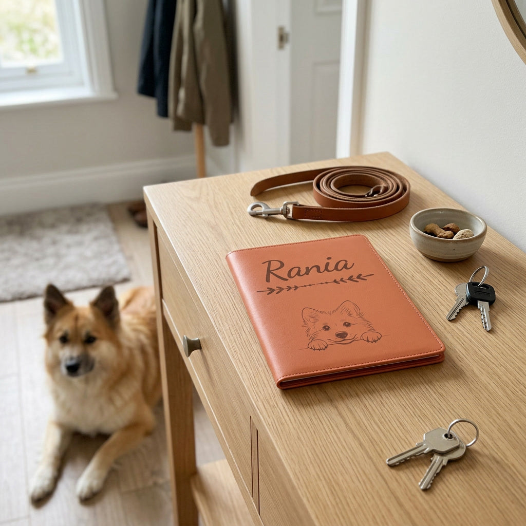 Protège carnet de santé chien personnalisé – Berger islandais — fermé, gravé « Rania » avec le berger islandais, sur une console d'entrée à côté d'une laisse, un berger islandais couché à côté (visuel de mise en scène, coloris Terracotta)