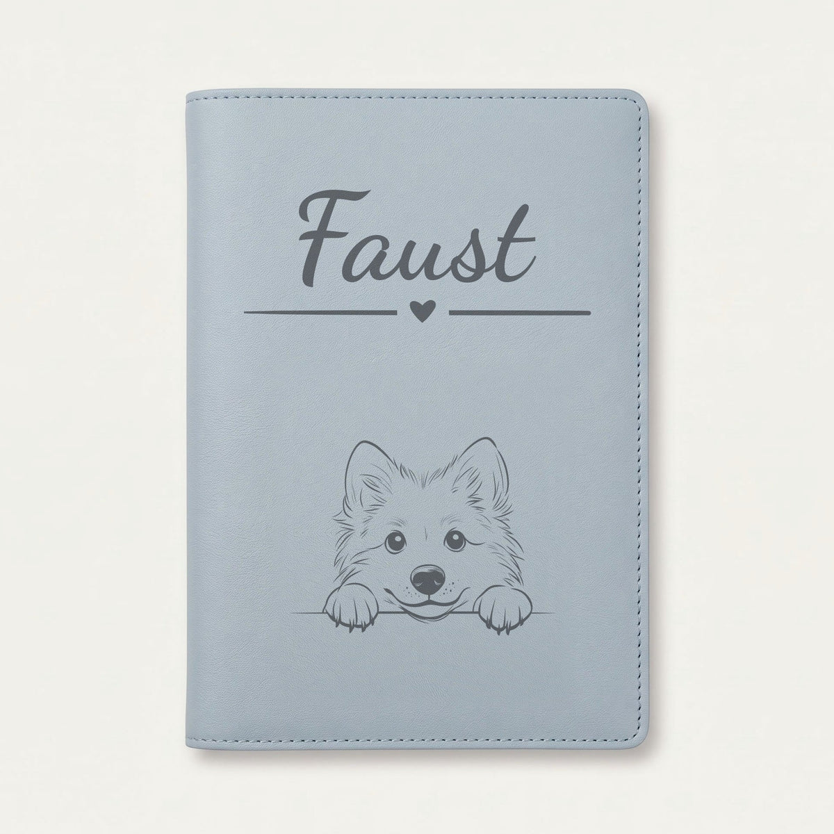 Protège carnet de santé chien personnalisé – Berger islandais — Bleu nuage — Cœur — gravure « Faust »