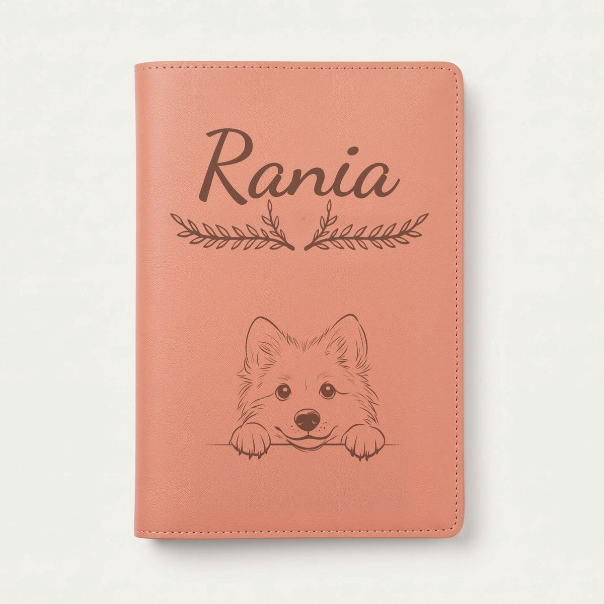 Protège carnet de santé chien personnalisé – Berger islandais — Terracotta — Bouquet — gravure « Rania »