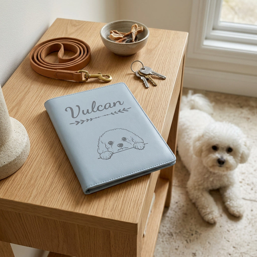 Protège carnet de santé chien personnalisé – Bichon frisé — fermé, gravé « Vulcan » avec le bichon frisé, sur une console d'entrée à côté d'une laisse, un bichon frisé couché à côté (visuel de mise en scène, coloris Bleu nuage)